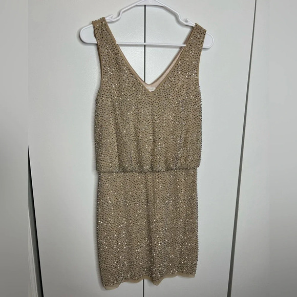 Cache - Silver beaded tan mini dress, sparkly - size 2 - Picture 1 of 7